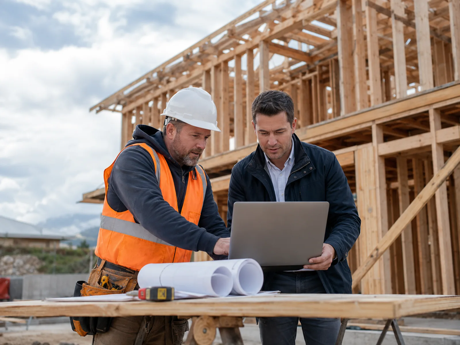 A contractor in a high-visibility vest and a ConstructAid colleague reviewing job information on a laptop at a site table, with rolled plans in front of them and a timber-framed house behind.