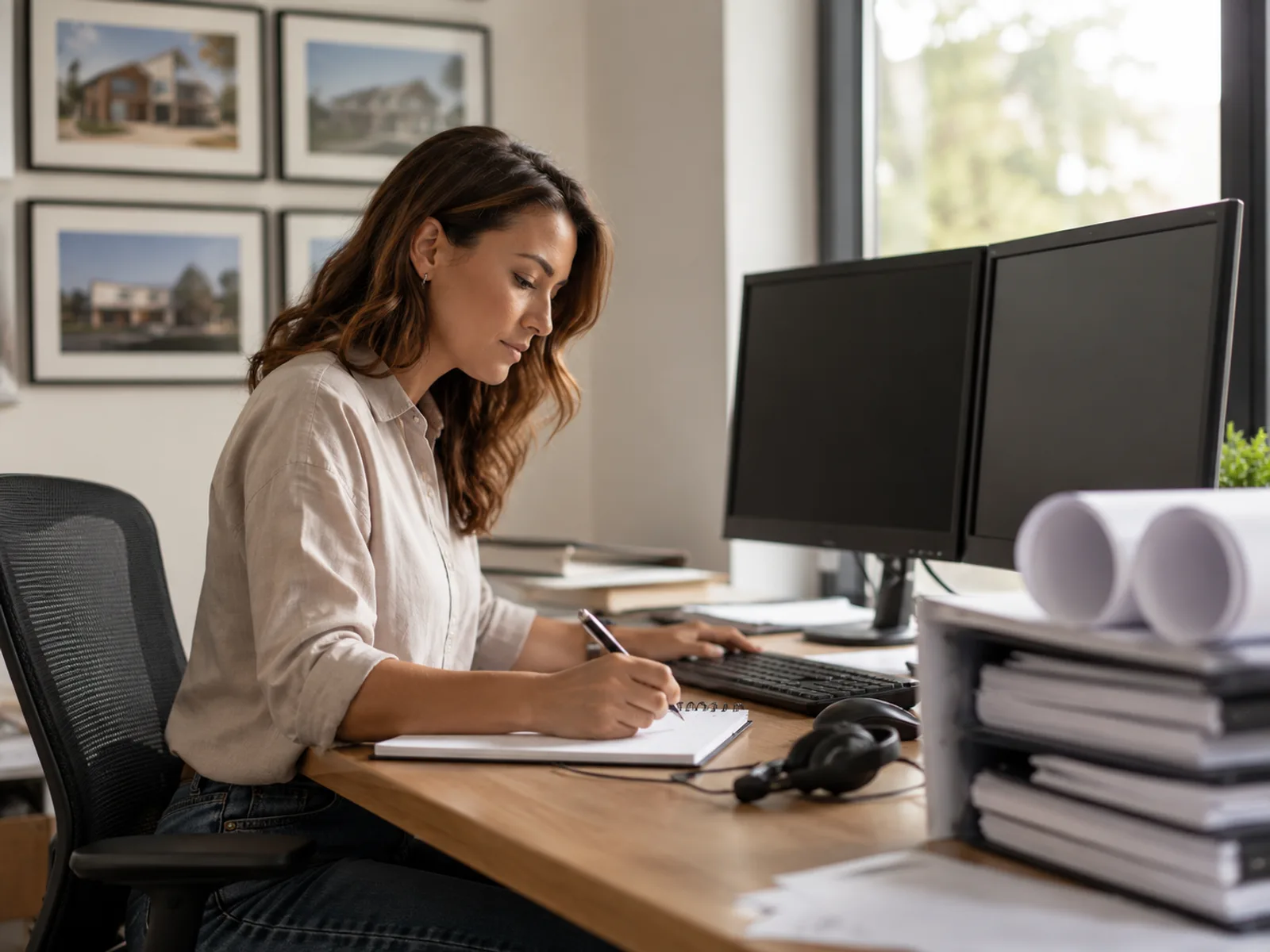 A back-office professional working at a desk in daylight, taking notes beside job binders and rolled construction plans.
